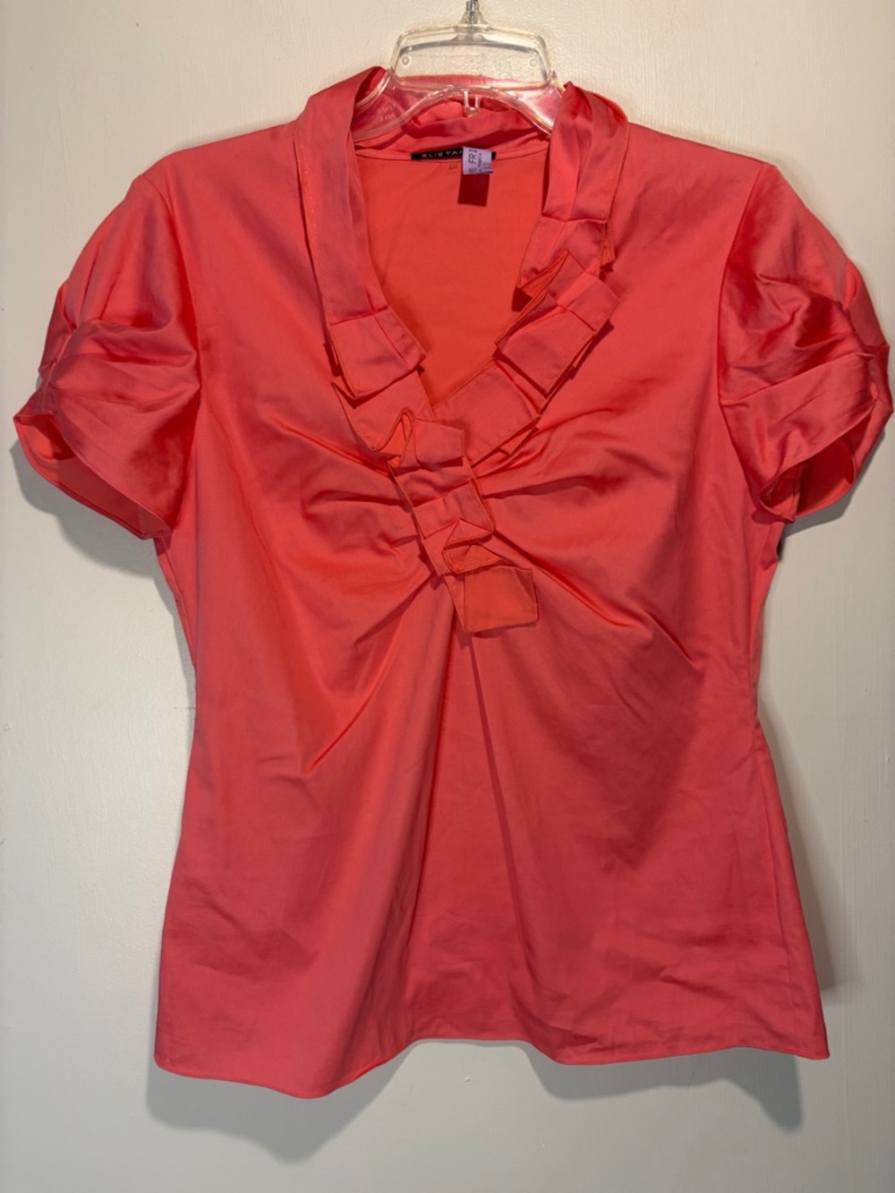 Elie Tahari Pink Ruffle Detail Neckline Short Sleeves Blouse Top Feminine Size S